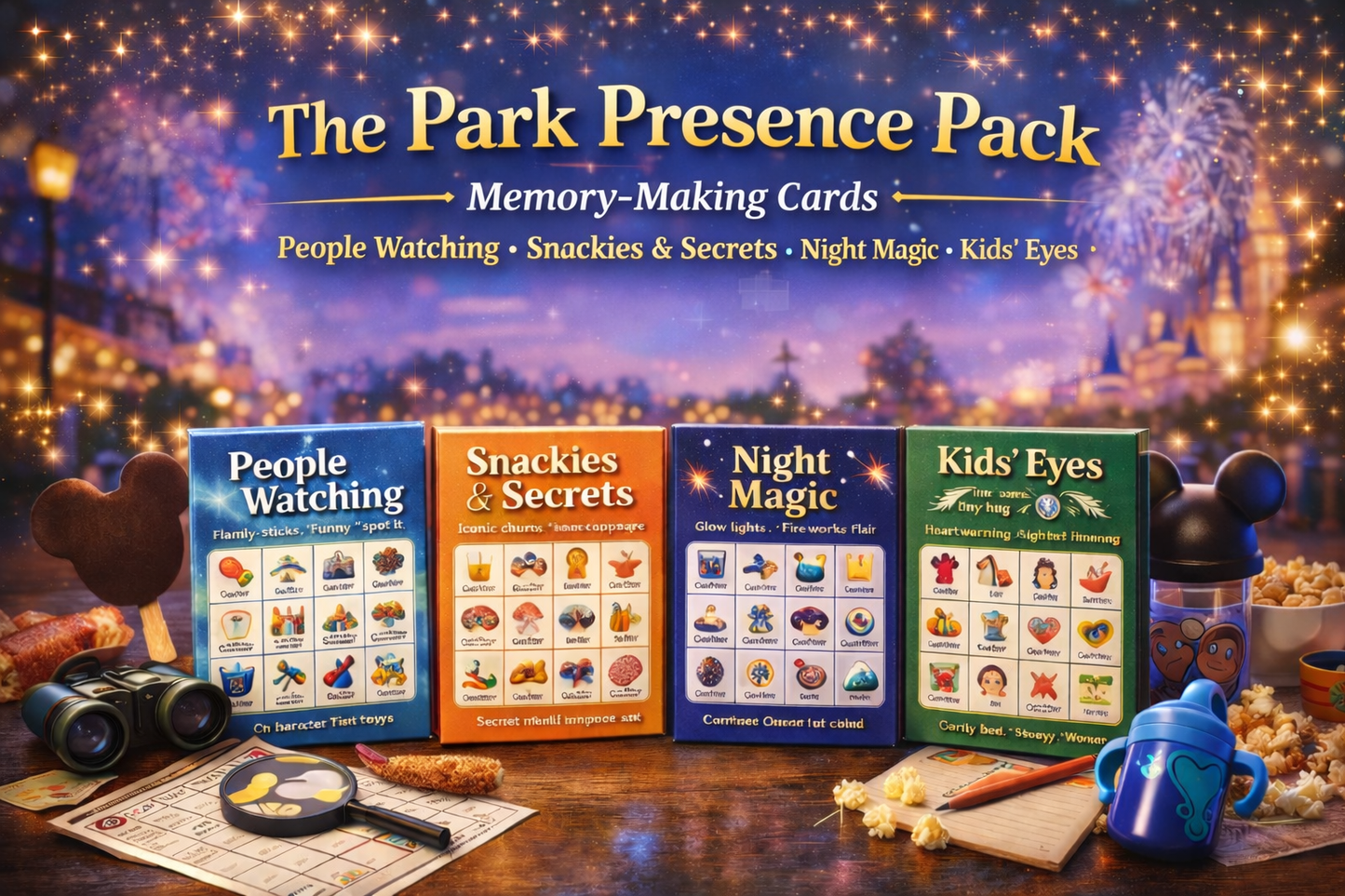 The Park Presence Pack: Memory-Making Cards - People Watching • Snackies & Secrets • Night Magic • Kids’ Eyes