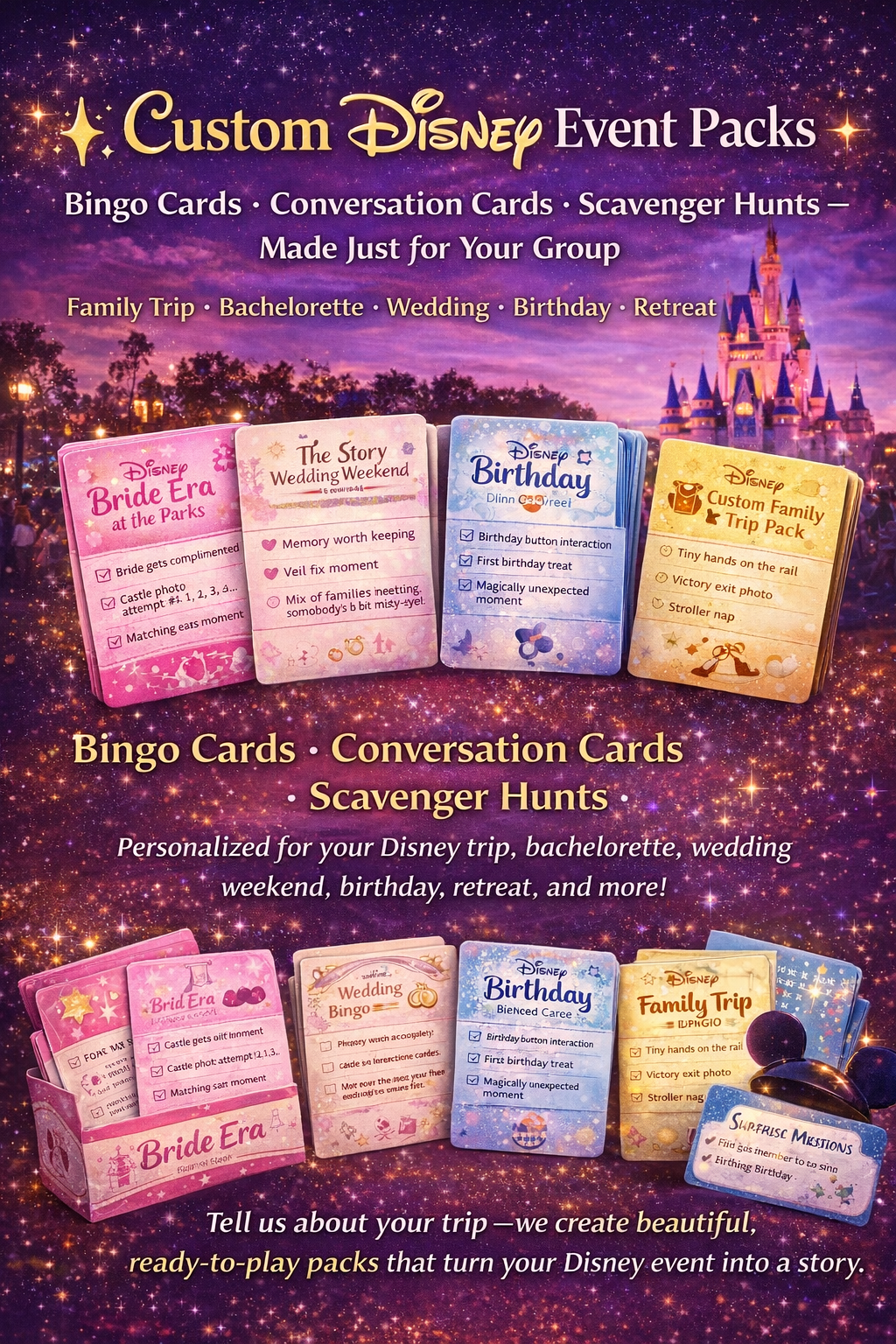 ✨ Custom Magical Event Packs  Bingo Cards • Conversation Cards • Scavenger Hunts — Made Just for Your Group
